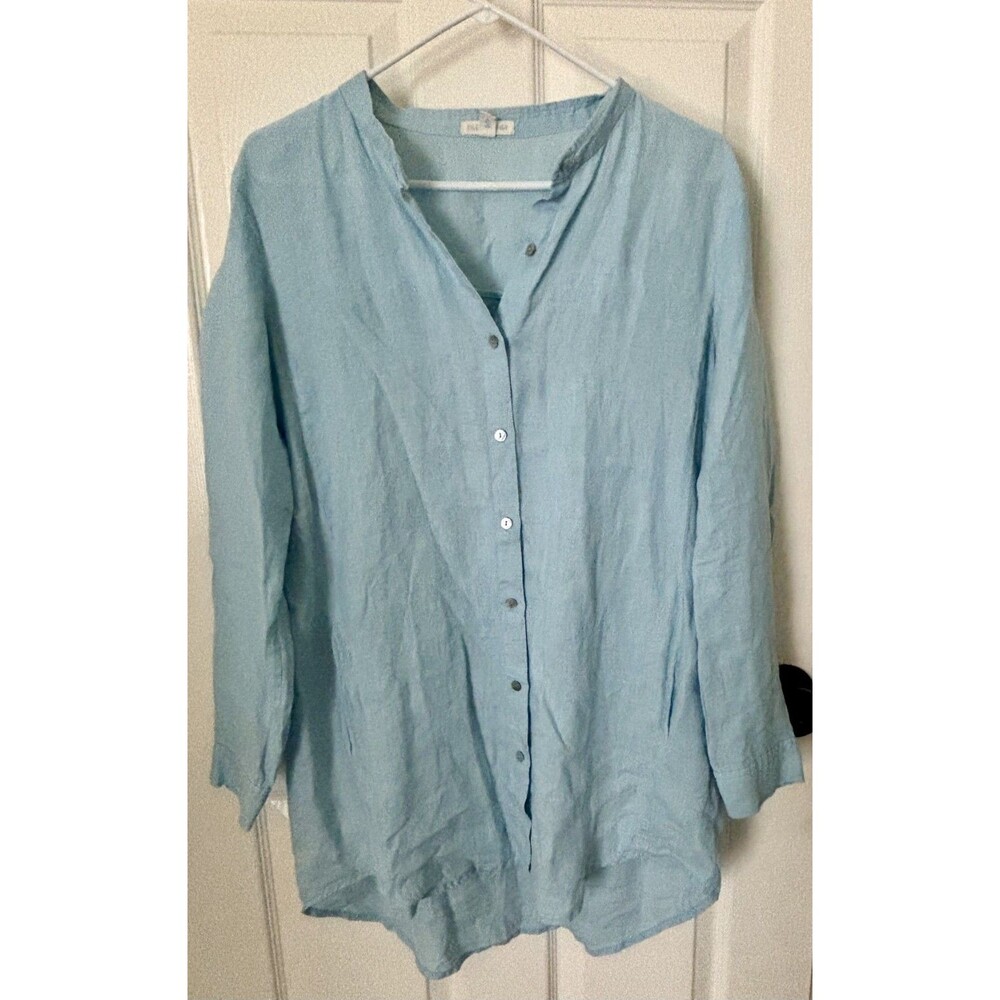 Eileen Fisher Tunic Top Womens Sz M Sky Blue Linen Split Neck Casual Minimalist